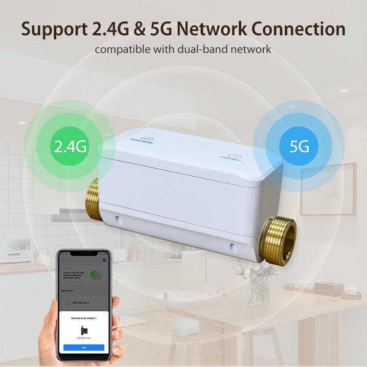White smart water valve with brass ports, shown with 2.4G and 5G network support