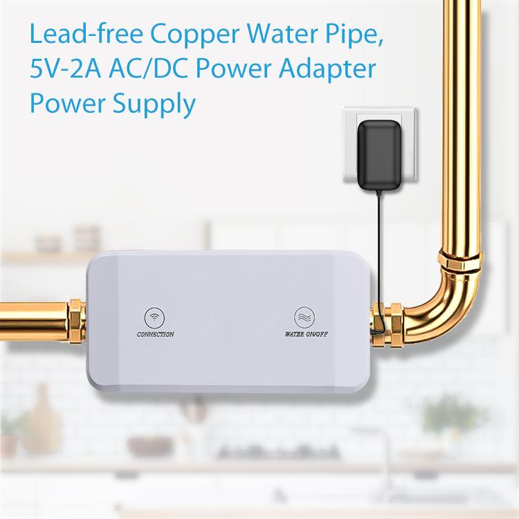 White smart water valve with lead-free copper pipe fittings and AC/DC power adapter