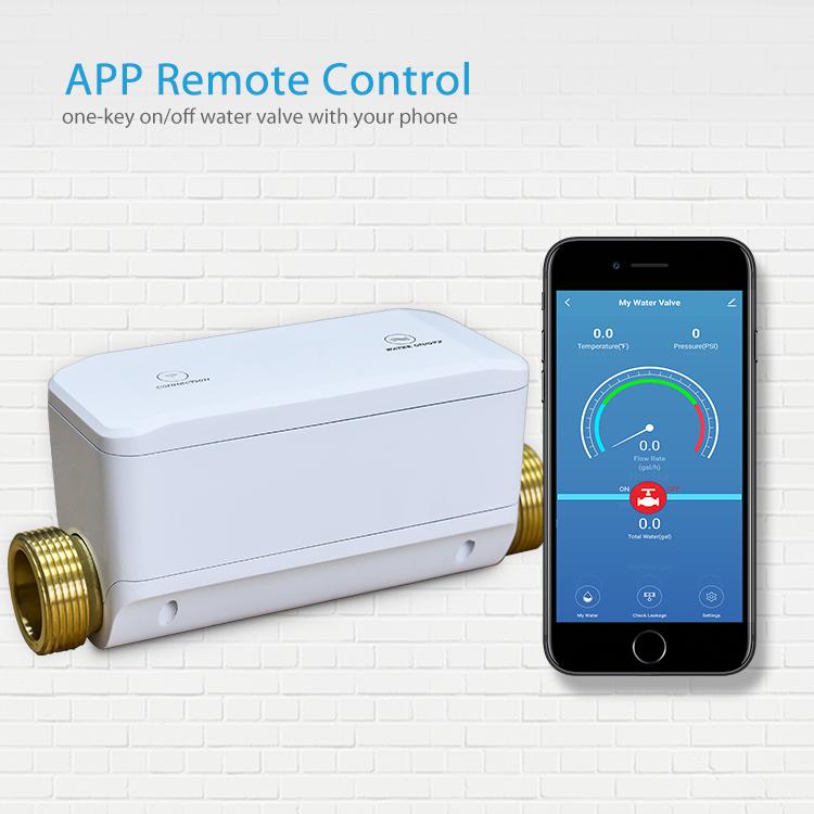 White smart water valve with brass ports and phone app remote control screen