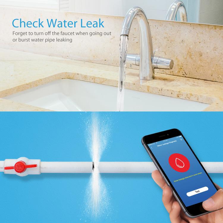 White smart water valve with leak-check function shown with water flow and phone app