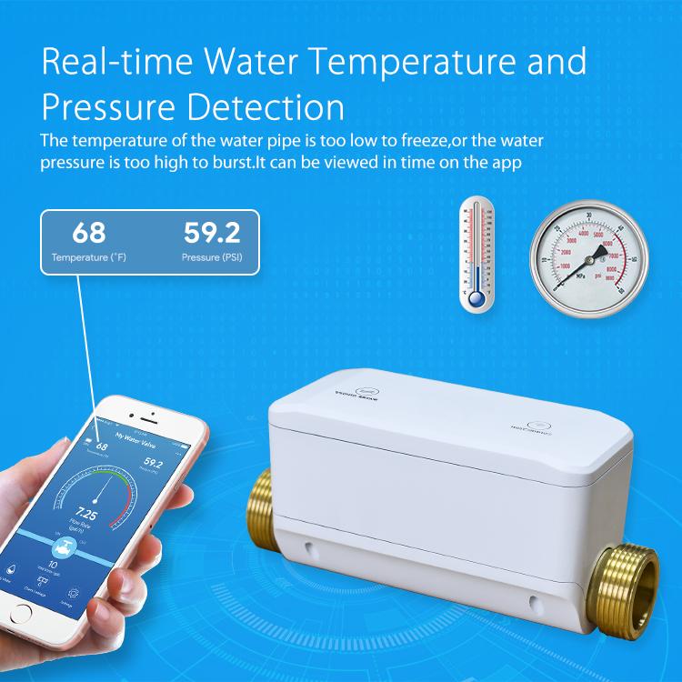 White smart water valve with phone app showing water temperature and pressure detection