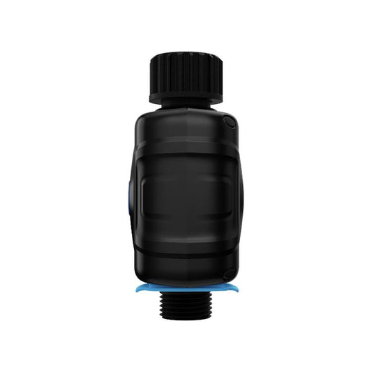 Black smart WiFi sprinkler timer with top dial and blue bottom connector