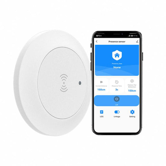 Round white WiFi human presence sensor beside a phone app interface