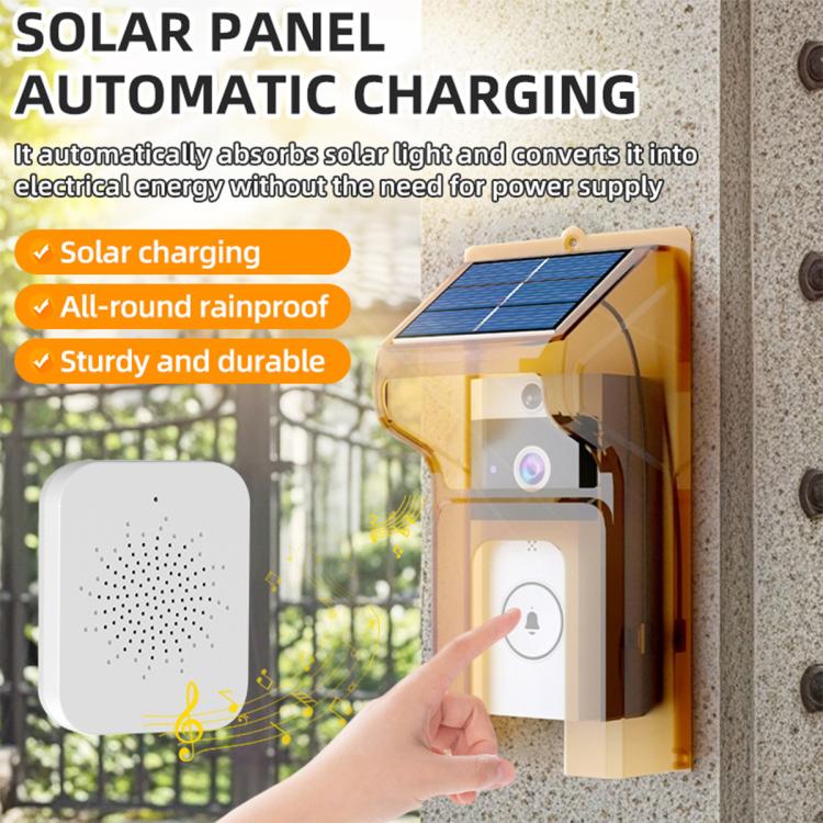 Amber solar rain cover with solar panel over doorbell camera area
