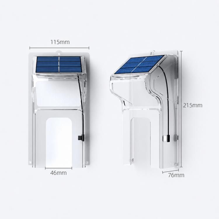 Clear solar rain cover with solar panel, shown with height and width measurements