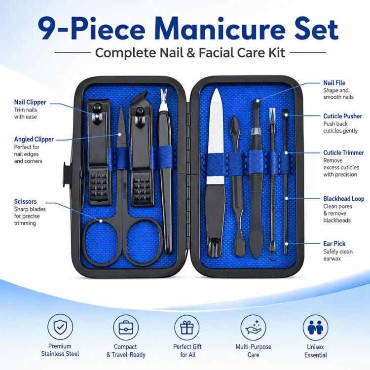 9pcs/Set Portable Stainless Steel Nail Clipper Manicure Tool Set