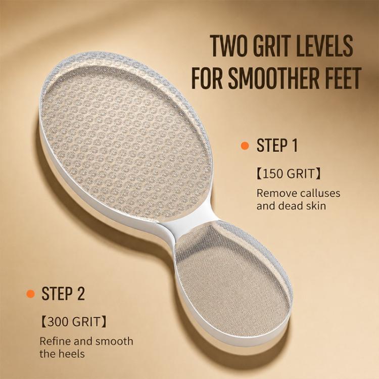 Dual-headed foot file with two grit abrasive pads to refine heels and smooth feet
