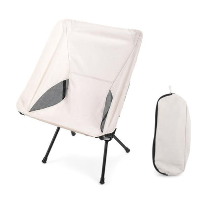 Beige folding moon camping chair with dark side panels and carry bag, tripod legs