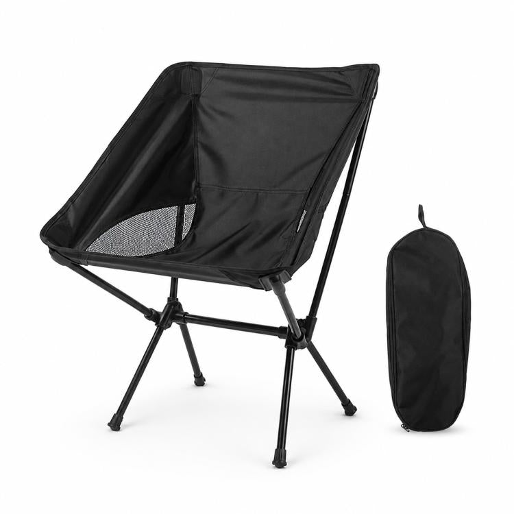 Black folding moon camping chair with carry bag, wide fabric seat, tripod legs
