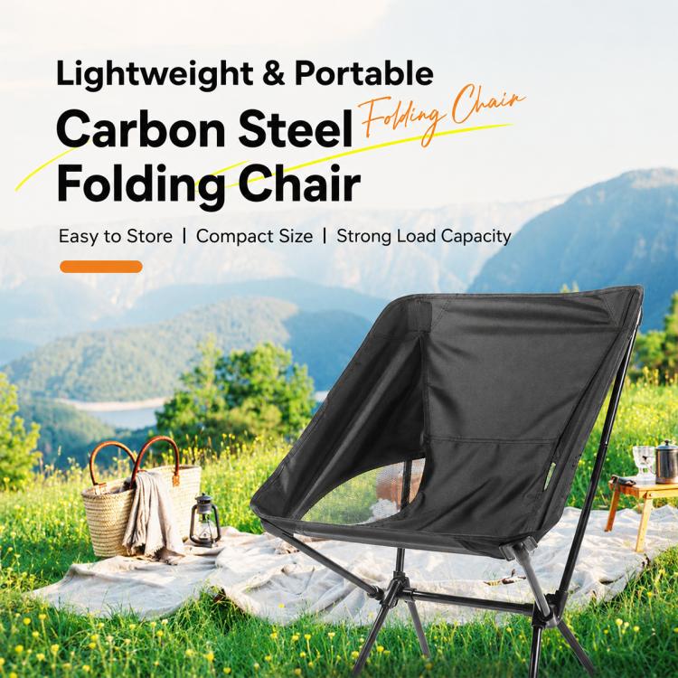 Black folding moon camping chair with mesh panel and curved backrest