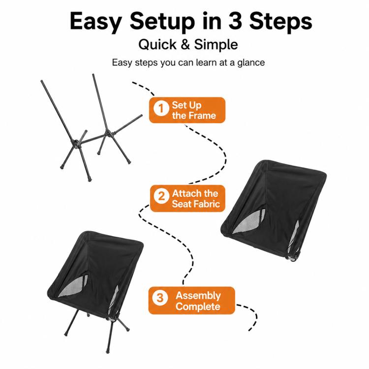 Folding camping chair showing frame, seat fabric, and folded storage bag