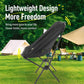 Black folding moon camping chair with angled back and foldable tripod legs