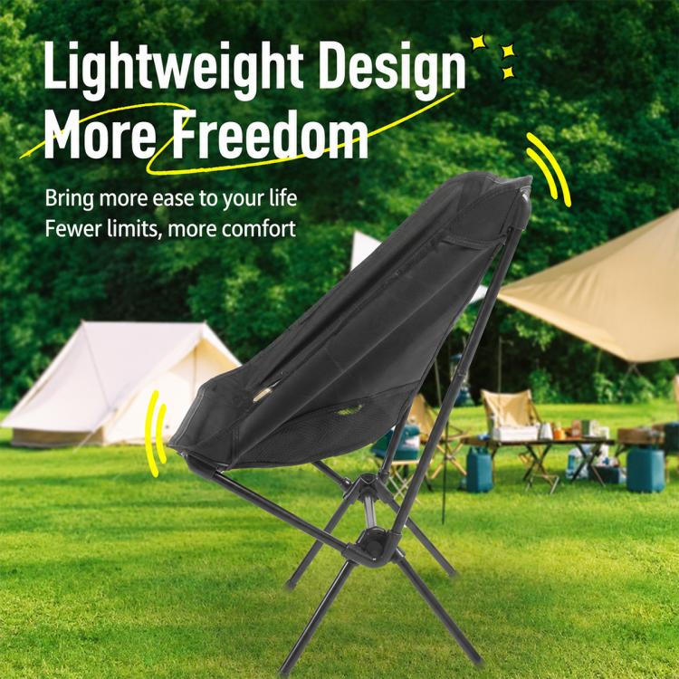 Black folding moon camping chair with angled back and foldable tripod legs