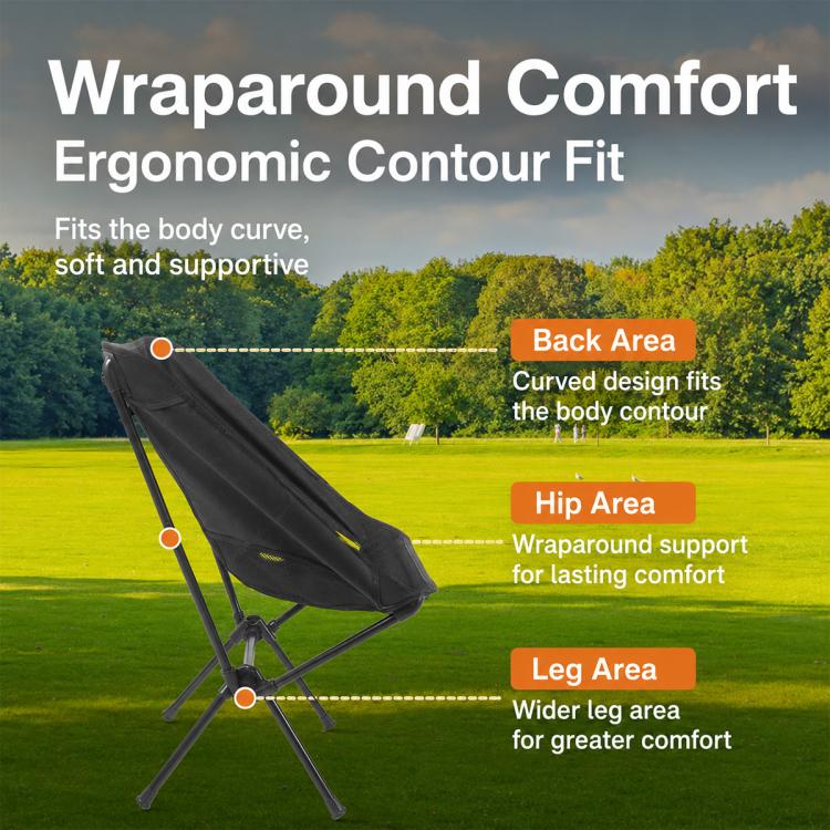 Black ergonomic folding moon camping chair with comfort contour overlay