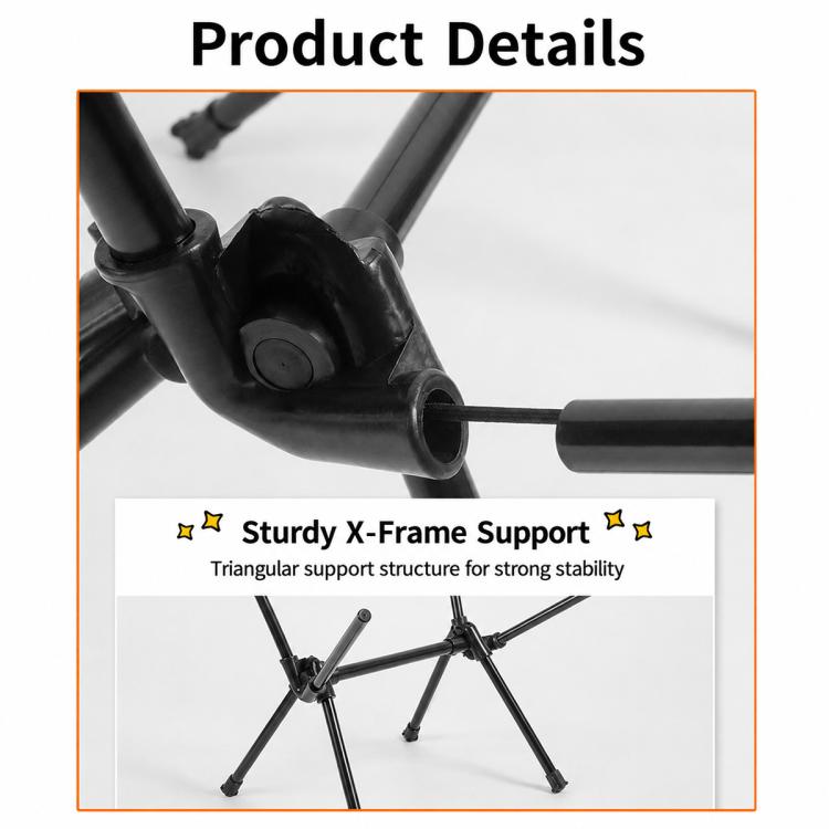 Folding moon camping chair frame joint close-up with sturdy X-frame support