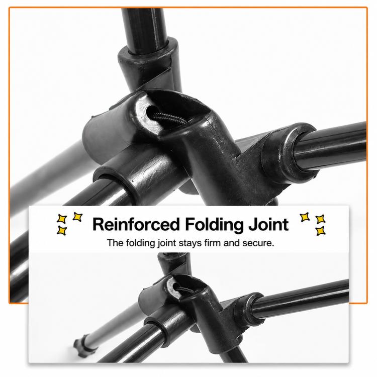 Black folding moon chair with reinforced metal joint, close-up of frame connection