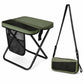 Green portable folding stool with crossbody carry bag and black mesh side storage