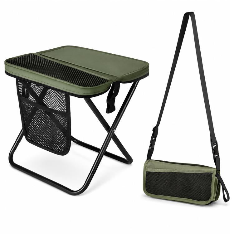 Green portable folding stool with crossbody carry bag and black mesh side storage