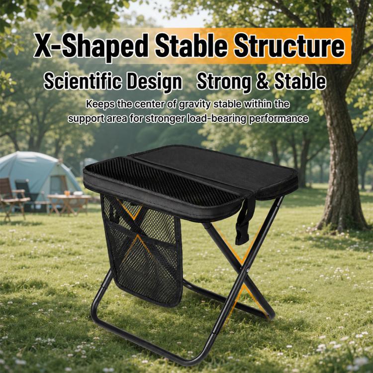 Black camping foldable stool with padded top and mesh storage side panel