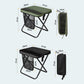 Black foldable camping stool and matching storage bag, with size measurements