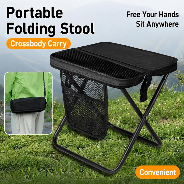 Black portable folding stool with crossbody carry bag, padded seat and mesh side pocket