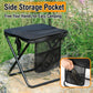 Black portable folding stool with side storage pocket and crossbody carry bag