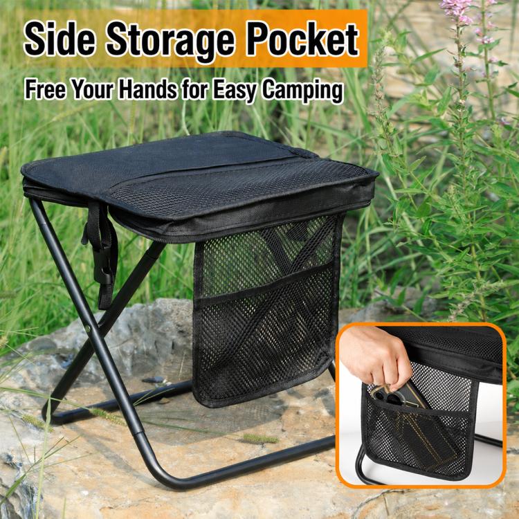 Black portable folding stool with side storage pocket and crossbody carry bag