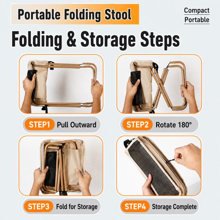 Portable folding stool with storage stand in folded and rotated steps