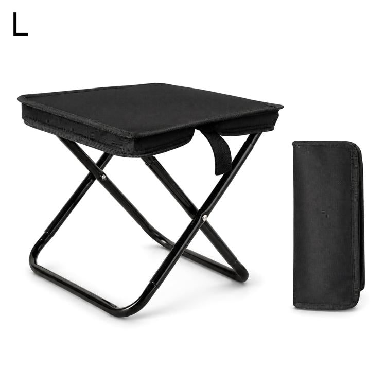 Large portable folding stool and zip storage bag, black seat with black metal frame