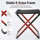 Stable X-cross frame folding stool, black seat with red metal underframe