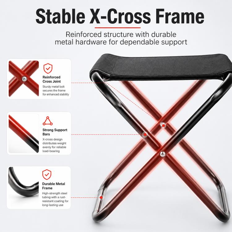Stable X-cross frame folding stool, black seat with red metal underframe