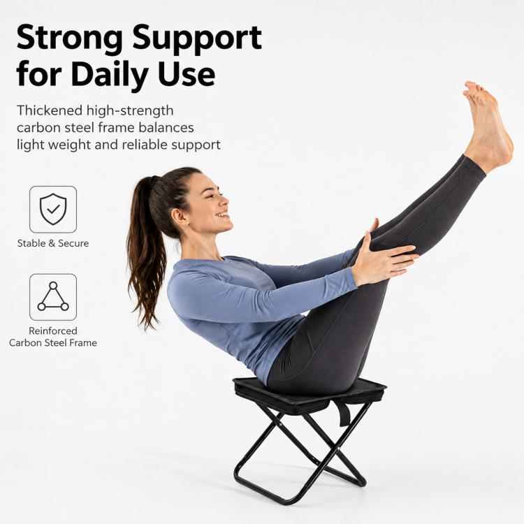 Folding stool with sturdy frame, person seated on black seat