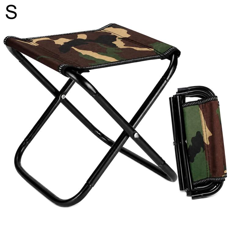 Small green camo folding outdoor stool chair with black frame and carry strap.