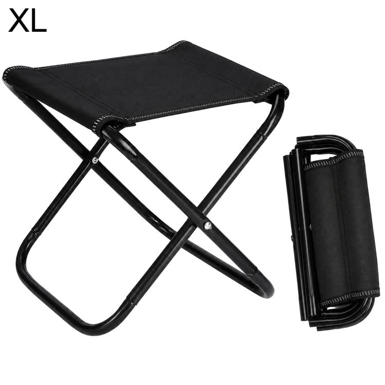 Extra large black folding outdoor stool chair with black frame and carry strap.