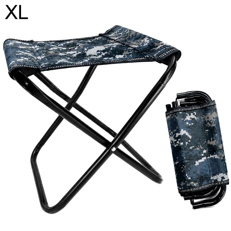 Extra large blue camo folding outdoor stool chair with black frame and carry strap.