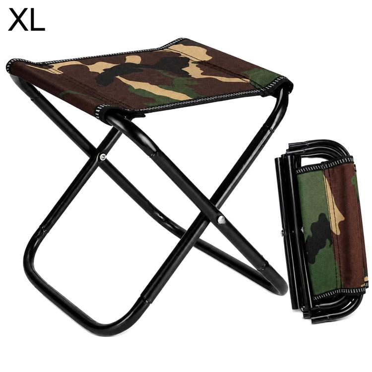 Extra large green camo folding outdoor stool chair with black frame and carry strap.