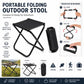 Folding outdoor stool with black fabric seat and black steel X-frame, plus carry case