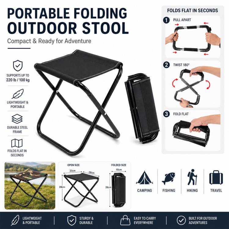 Folding outdoor stool with black fabric seat and black steel X-frame, plus carry case