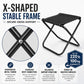 Folding outdoor stool with black seat and reinforced X-frame for stability