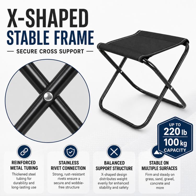 Folding outdoor stool with black seat and reinforced X-frame for stability