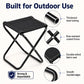 Folding outdoor stool with black fabric seat and rust-resistant coated metal frame