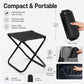 Folding outdoor stool with black seat, folds flat, includes storage bag and compact size