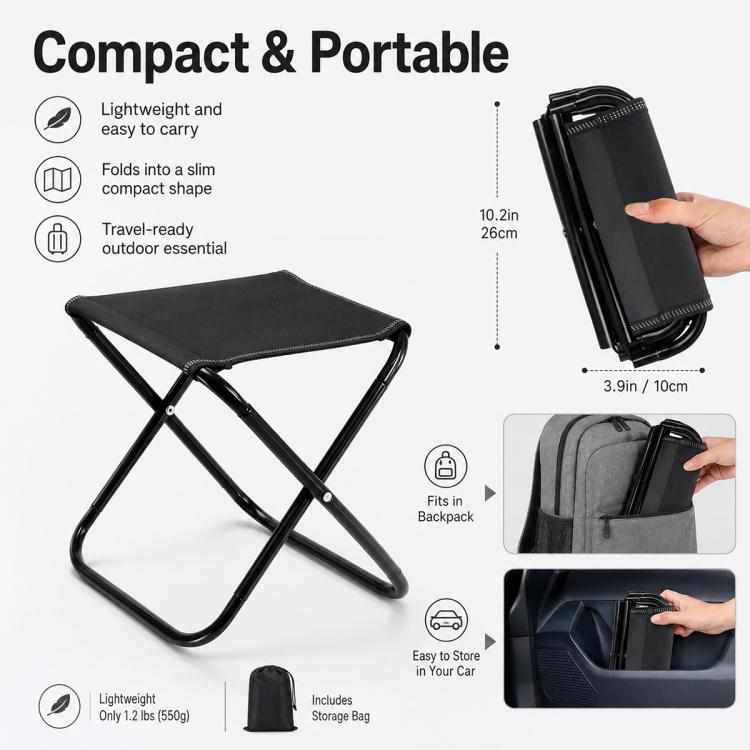 Folding outdoor stool with black seat, folds flat, includes storage bag and compact size
