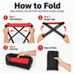 Folding outdoor stool with red seat and black X-frame, shown folding for storage