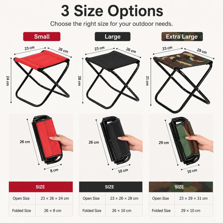 Folding outdoor stool size options: small red, large black, extra-large camo