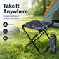 Folding outdoor stool with blue camo fabric seat and matching carry bag
