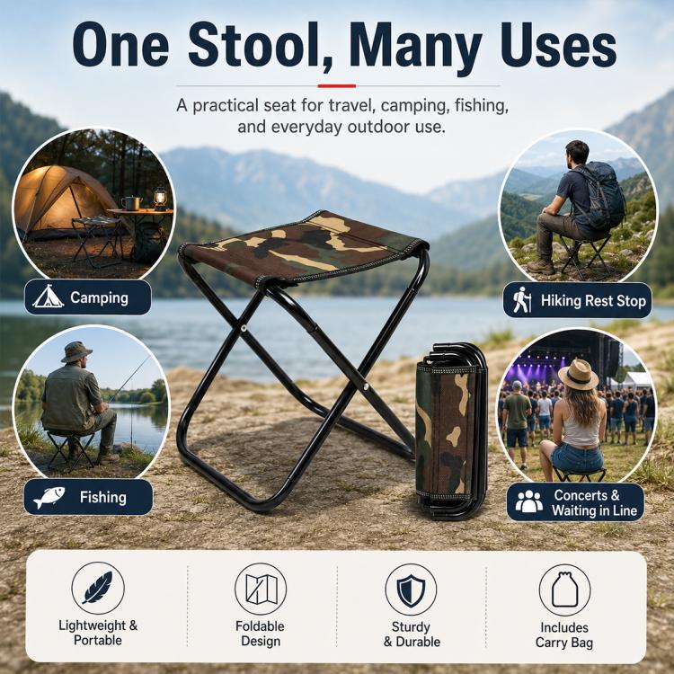Folding outdoor stool with brown camo fabric seat and attached folding carry bag