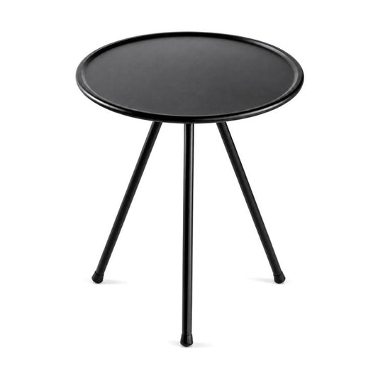 Round black camping side table with three tapered legs