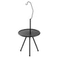 Round black camping table with a tall light bracket and three tapered legs