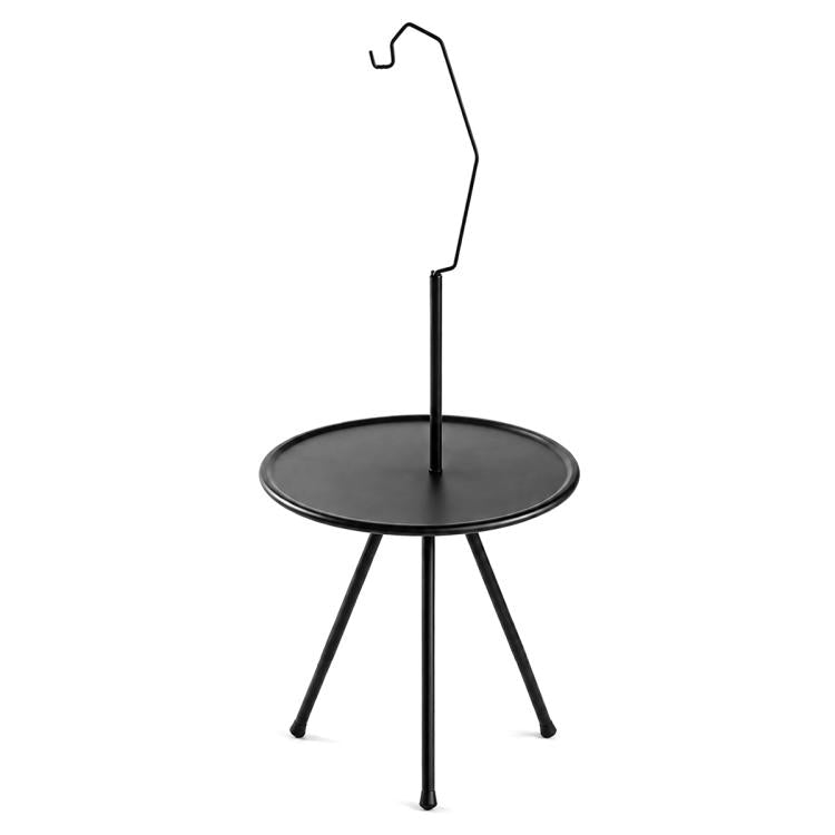 Round black camping table with a tall light bracket and three tapered legs